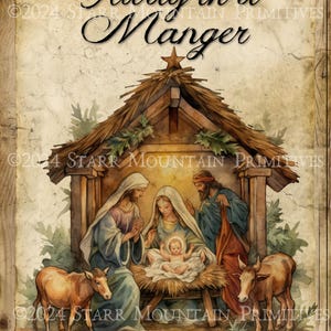 Natale religioso primitivo lontano in una mangiatoia Natività Gesù Stella Stampabile Jpeg Immagine digitale Cuscino Etichetta Tela Tag Ornamento Carta magnetica