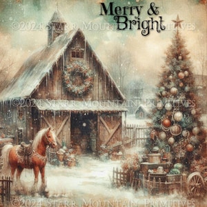 Pode incluir: Uma cena de Natal vintage com um celeiro de telhado vermelho, um cavalo na neve e uma árvore de Natal decorada. O texto "Merry & Bright" está escrito em uma fonte festiva.