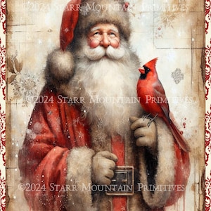 Ferme primitive grungy Old World Woodland Santa Claus Noël Cardinal imprimable Jpeg impression numérique découpage étiquette étiquette ornement 8 x 10