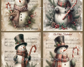 Conjunto navideño de 4 x 5 con imagen digital imprimible, muñeco de nieve de invierno y bastones de caramelo de granja primitiva, etiqueta colgante, adorno, letrero impreso