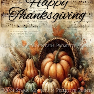 Impresión de calabazas de Acción de Gracias, cornucopia de granja otoñal primitiva, etiqueta, imagen digital en formato jpeg, para decoupage, lienzo, 8 x 10 pulgadas, papel de arroz