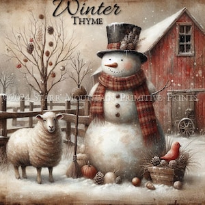 Ferme primitive grungy woodland bonhomme de neige mouton grange arbre hiver thym imprimable Jpeg 8 x 10 impression numérique découpage étiquette étiquette ornement carte