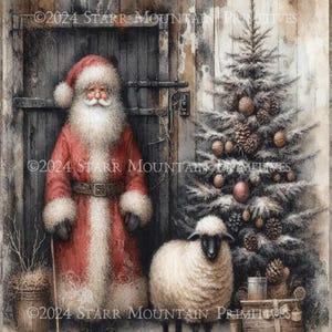Primitive Farmhouse Grungy Old World Santa Claus Christmas Sheep Barn Printable 8x10 Jpeg Digital Print Decoupage Label Tag Ornament Card