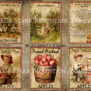 Primitive Vintage Werbung Äpfel Apfelobstgarten Bauernhof Kuchen 6er Set, 3 "x 4" Digitalbild druckbares Etikett-Hängenumbau-Verzierungs-Magnet-Schild