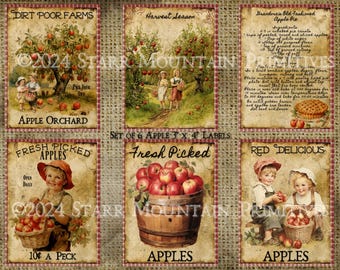 Primitieve vintage advertentie appels appelboomgaard boerderij taart set van 6, 3 x 4 inch digitale afbeelding afdrukbaar label hang tag ornament magneet bord