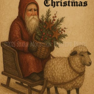 Peut inclure: Illustration de Noël de style vintage. Un personnage en cape rouge à capuche tient un panier de verdure et d'étoiles, assis dans un traîneau en bois tiré par un mouton. Le texte "Merry Christmas" est au-dessus.