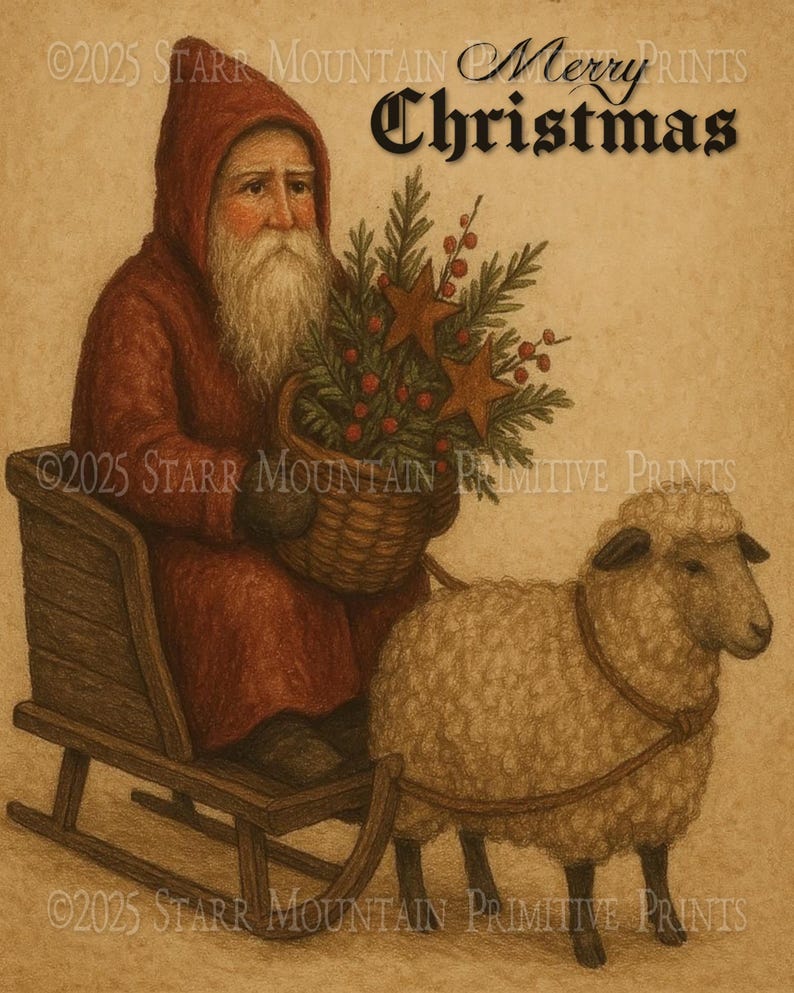 Puede incluir: Ilustraci&oacute;n navide&ntilde;a de estilo vintage que representa una figura con una capa roja con capucha sosteniendo una cesta de vegetaci&oacute;n y estrellas, sentada en un trineo de madera tirado por una oveja. El texto "Merry Christmas" est&aacute; arriba.
