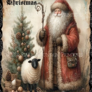 Primitive Farmhouse Grungy Old World Santa Claus Christmas Tree Sheep Printable 8x10 Jpeg Digital Print Decoupage Label Tag Ornament Card