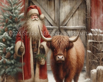 Primitive Farmhouse Christmas Old World Woodland Santa Claus Red Barn Highland Cow Printable Jpeg Digital Print Label Hang Tag Ornament 8x10