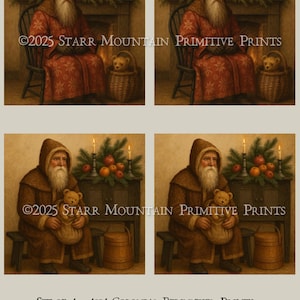 Może przedstawiać: Zestaw czterech 4x4-calowych wydruków Colonial Belsnickel. Każdy wydruk przedstawia ilustrację vintage mężczyzny w czerwonej szacie z długą białą brodą. Wydruki zawierają pluszowego misia, świece i tekst "©2025 STARR MOUNTAIN PRIMITIVE PRINTS."