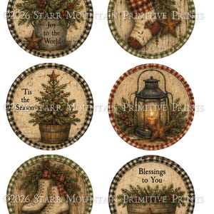 May include: Six circular prints featuring holiday imagery: a bucket with greenery and 'Joy to the World', a stocking with a star, a tree with 'Tis the Season', a lantern with a candle, ice skates with a bow, and a bucket with 'Blessings to You'.