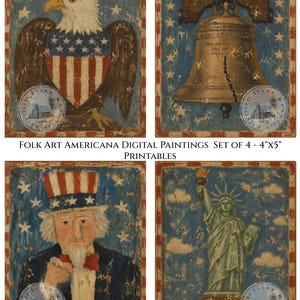 May include: Set of four 4"x5" folk art Americana digital paintings. The images feature an eagle, the Liberty Bell, Uncle Sam, and the Statue of Liberty, all against a blue background with white stars and a red and white border.