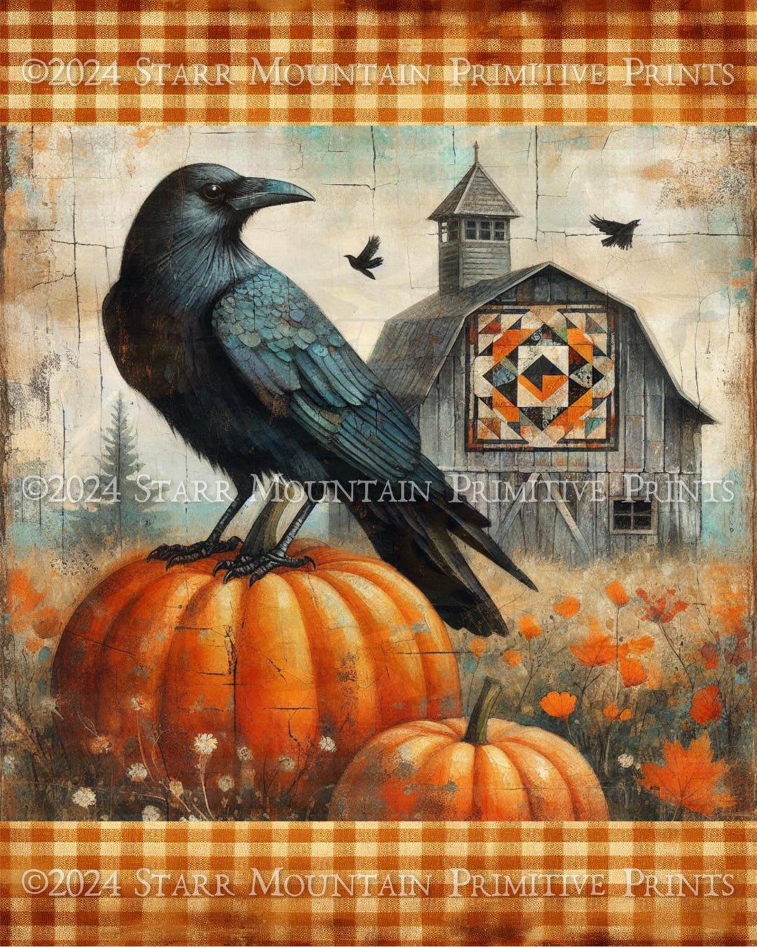 Primitive Fall Autumn Raven Crow Pumpkin Meadow Barn Quilt Printable ...