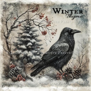 Primitive Farmhouse Winter Wonderland Crow in Snow Tree Berries Pinecones Printable Jpeg Digital Print Label Hang Tag Ornament Decoupage 8x8