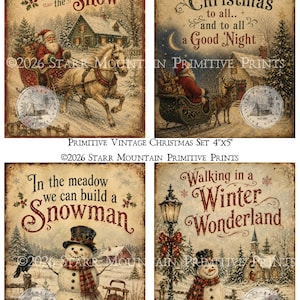 May include: A set of four vintage-style Christmas prints measuring 4 inches by 5 inches. Each print features festive winter scenes with Santa in a sleigh, snowmen, and text including Dashing through the Snow and Winter Wonderland.