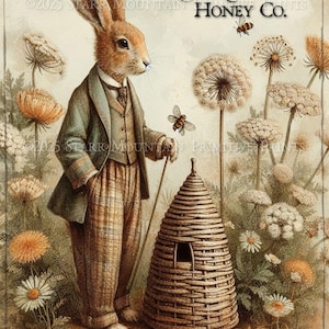8 x 10 primitieve boerderij konijn wilde bloem rode haas, honing Co. Bee Skep, honingbij konijn afdrukbare jpeg digitale print label tag ornament canvas