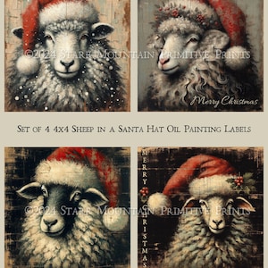 Primitieve boerderij winter kerst schapen in kerstmuts olieverfschilderij set 4 4 x 4 digitale afbeelding afdrukbare decoupage label ornament bord afdrukken
