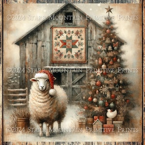 Primitieve boerderij kerst schapen in kerstmuts schuur quilt winters tafereel afdrukbare jpeg 300 dpi digitale kunst afbeelding label tag 8 x 8 afdrukken canvas