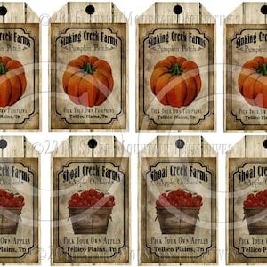 Puede incluir: Ocho etiquetas de regalo de estilo vintage con un fondo de madera rústica. Las etiquetas presentan ilustraciones de calabazas y manzanas con el texto "Sinking Creek Farms" y "Shoal Creek Farms". Las etiquetas también incluyen el texto "Pumpkin Patch", "Apple Orchard", "Pick Your Own Pumpkins", "Pick Your Own Apples", y "Tellico Plains, Tn".
