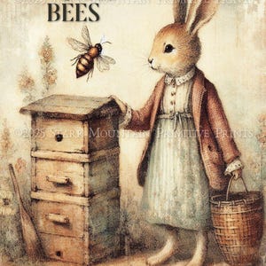 8 x 10 primitieve boerderij Bunny honing hoeder van de bijen bee Skep konijn afdrukbare jpeg digitale print decoupage label tag ornament canvas