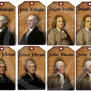 Könnte beinhalten: Acht druckbare Geschenkanhänger mit Porträts von George Washington, Benjamin Franklin, Thomas Jefferson und John Adams. Die Anhänger sind braun mit einem weißen Rand und einem roten Kreis in der oberen Mitte.