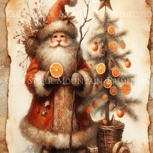 Primitive Farmhouse Chippy Old World Woodland Santa Claus Noël imprimable Jpeg numérique impression étiquette de découpage étiquette volante ornement carte 8 x 10