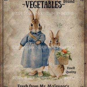 May include: A vintage-style illustration of two Peter Rabbit characters, one wearing a blue dress and the other carrying a basket of vegetables. The text reads "Peter Rabbit Vegetables Brand" and "Fresh from Mr. McGregor's Garden".