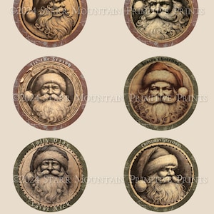 May include: Set of six 3-inch round printable Santa Claus images. Each image features a different Santa Claus illustration with a festive holiday greeting. The images are perfect for creating personalized holiday crafts, such as ornaments, gift tags, and paper mache box tops.