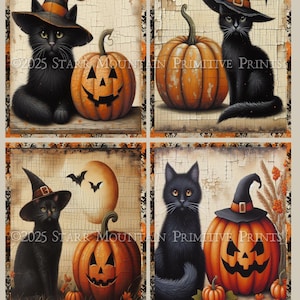 Chapéu de bruxa de gato preto primitivo Halloween Jack O Lantern Abóbora JOL Chippy Conjunto de pintura 4 Etiqueta de sinal para impressão digital Etiqueta pendurada Ornamento Cartão