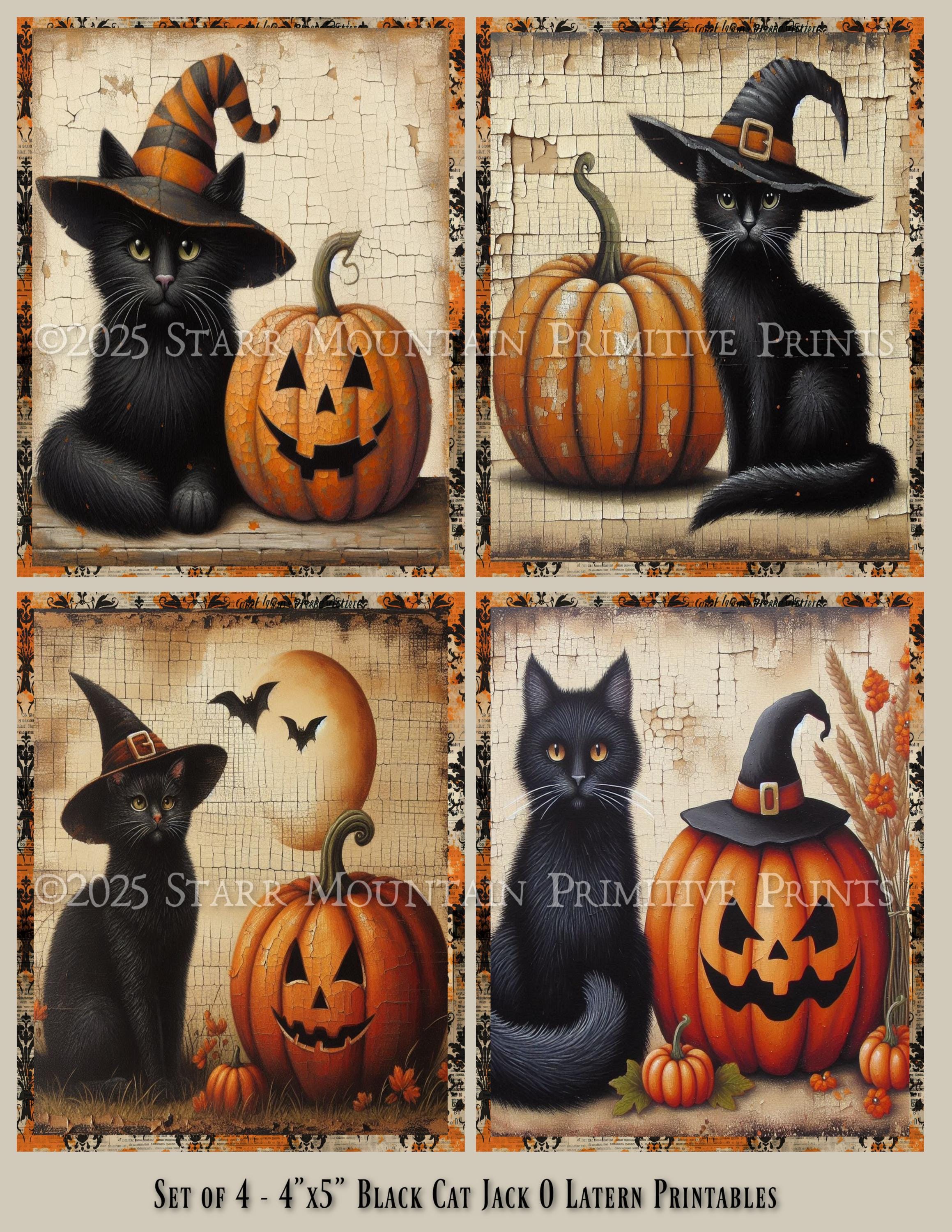 Primitive Halloween Black Cat Witch Hat Jack O Lantern Pumpkin JOL ...
