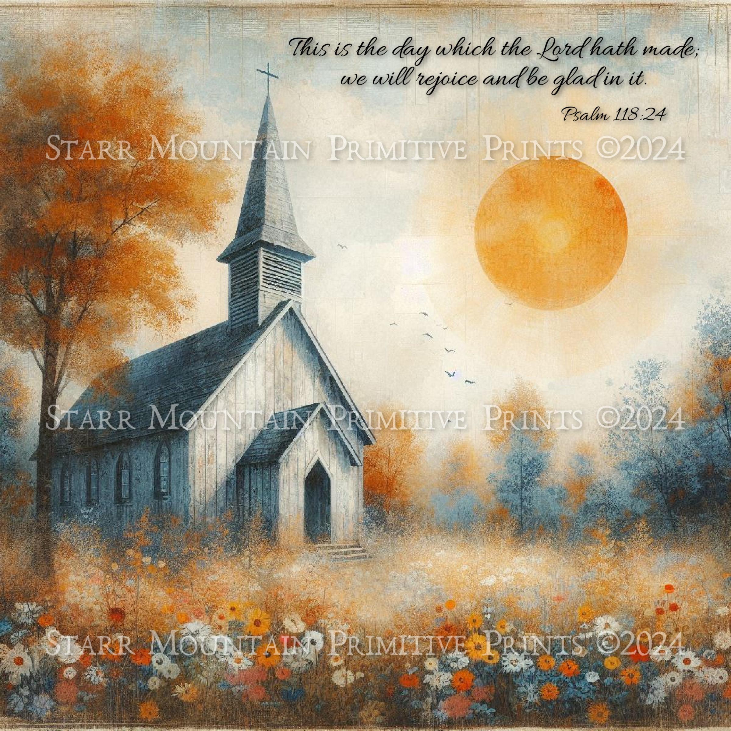 Primitive Inspirational Bible Verse Autumn Chapel Church Sunrise ...