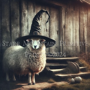 Primitieve boerderij Halloween schapen in heksenhoed schuur afdrukbare olieverfschilderij jpeg 300 DPI digitale kunst afbeeldingslabel hang tag 8 x 8 afdrukken canvas afdrukken