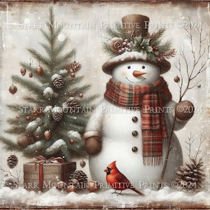 Ferme primitive vieux monde boisé bonhomme de neige arbre de Noël Cardinal imprimable Jpeg impression numérique étiquette de découpage étiquette volante ornement 8 x 8