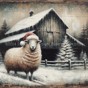 Primitieve boerderij kerst schapen in kerstmuts schuur afdrukbaar olieverfschilderij jpeg 300 DPI digitale kunst afbeeldingslabel hang tag 8 x 8 afdrukken canvas afdrukken