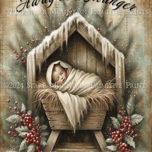 Primitivo Religioso Natal Longe em uma Manjedoura Natividade Menino Jesus Imprimível Jpeg 8x10 Imagem Digital Tela Pendurar Etiqueta Ornamento Cartão Magnético