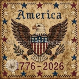 Op de afbeelding: Een kruissteekontwerp met een Amerikaanse adelaar met uitgespreide vleugels, die olijftakken en een schild met rode en witte strepen en blauwe sterren vasthoudt. Het woord "America" is boven de adelaar gestikt, met de data "1776-2026" eronder.