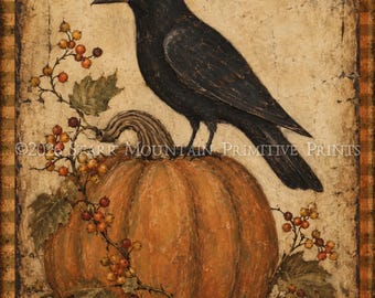 May include: A rectangular print featuring a black crow perched on a large orange pumpkin. The scene includes sprigs of red berries and green leaves against a textured beige background, framed by a brown and orange checkered border with text.