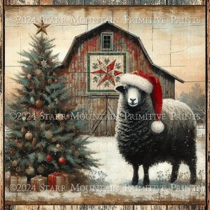 Primitieve boerderij kerst schapen in kerstmuts schuur quilt winters tafereel afdrukbare jpeg 300 dpi digitale kunst afbeelding label tag 8 x 8 afdrukken canvas