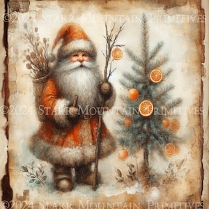 Primitive Farmhouse Chippy Old World Woodland Santa Claus Noël imprimable Jpeg numérique impression étiquette de découpage étiquette volante ornement carte 8 x 10