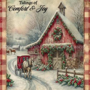 Scena invernale primitiva di fattoria, carrozza trainata da cavalli, Natale, stampabile, 8x10, Jpeg, stampa digitale, etichetta, etichetta decoupage, ornamento, carta, tela