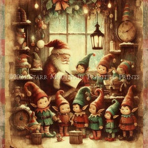 May include: A vintage-style illustration of Santa Claus writing in a book while surrounded by elves. The elves are standing in a line, looking up at Santa. The scene is set in a workshop with a window in the background. The image has a warm, festive color palette.