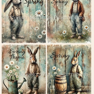 Peut inclure: Ensemble de quatre images imprimables de 4x5 pouces représentant un lapin vintage avec une veste brune et un jean bleu debout devant une clôture en bois rustique avec des marguerites et le texte "Hello Spring", "Welcome Spring", "Spring Thyme", et "Spring".