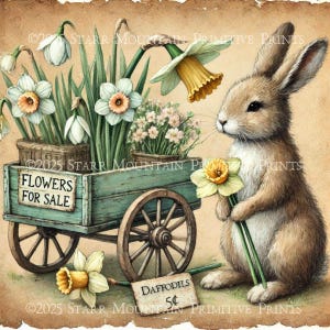 Primitive Bauernhaus Frühling Hase Häschen Blumenwagen Printable Jpeg Digital Distressed Print Decoupage Label Tag Ornament Leinwand 8x8 #2
