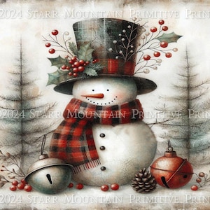 Primitive Snowman Scene Christmas Tree Farmhouse Instant Download JPEG Printable Print Sublimation Decoupage Cans Labels Tag Canvas Bells