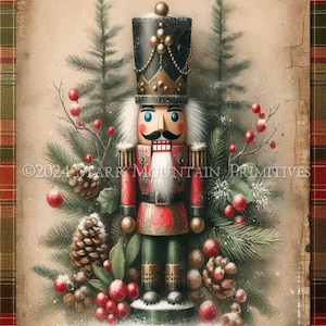 Quebra-nozes de Natal vintage primitivo, folhagens, azevinho, bagas, impressão digital, jpeg, decoupage, etiqueta, etiqueta pendurada, ornamento, tela, 8x10
