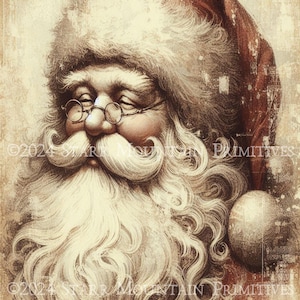Primitieve boerderij chippy wit neutraal oude wereld kerstman kerst afdrukbare jpeg digitale print decoupage label tag ornament canvas