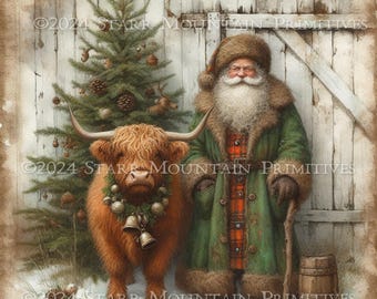 Adorno navideño de granja rústica con Papá Noel, vaca de las Highlands y estilo antiguo del bosque. Impresión digital JPEG. Etiqueta colgante de 8x8 pulgadas.