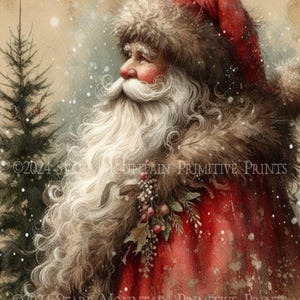 May include: A watercolor painting of Santa Claus with a long white beard and a red hat and coat. He is looking to the right and there is a green pine tree in the background. The painting has a vintage, rustic feel.