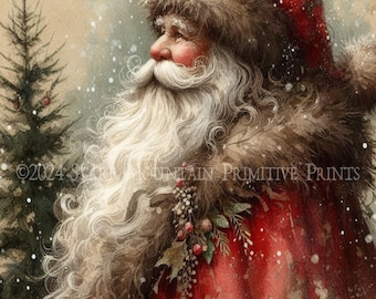 Árbol de Navidad Belsnickel de Papá Noel vintage primitivo del Viejo Mundo imprimible en JPEG, impresión digital de 300 DPI, etiqueta de decoupage, adorno, lienzo