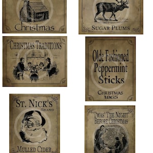 May include: Set of eight vintage-style Christmas gift tags featuring illustrations of a log cabin, a reindeer, a family gathered around a table, a peppermint stick, Santa Claus, and a family standing in front of a snow-covered tree. The tags are printed on a brown paper background with black text and illustrations. The text on the tags includes "Log Cabin Christmas", "Rudolph Brand Sugar Plums", "Christmas Traditions", "Olde Fashioned Peppermint Sticks Christmas 1865", "St. Nick's Brand Mulled Cider", "Twas' The Night Before Christmas Christmas 1803", and "©2014 Christmas Pantry Labels Starr Mountain Primitives".